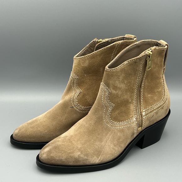 All Saints Shoes - All Saints Carlotta Tan Suede Heeled Side Zip Ankle Boots